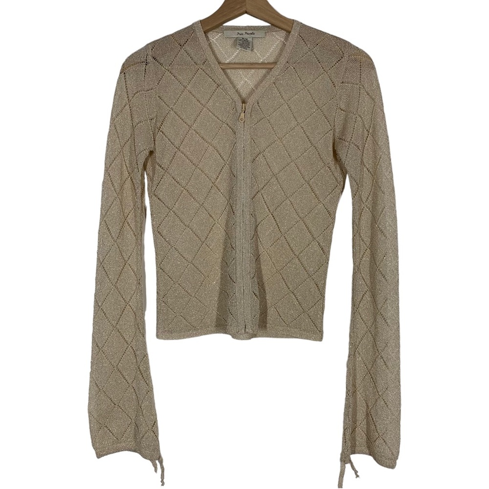 Vintage Free People Pointelle Knit Gold Metallic Mesh Zip Up Cardigan Coachella - Picture 6 of 12